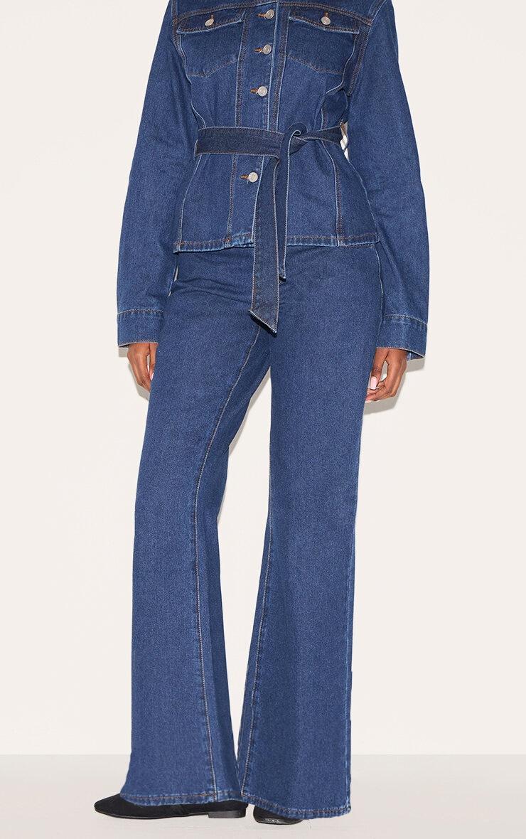 Dark Blue Mid Waist Contrast Stitch Flared Jeans Product Image