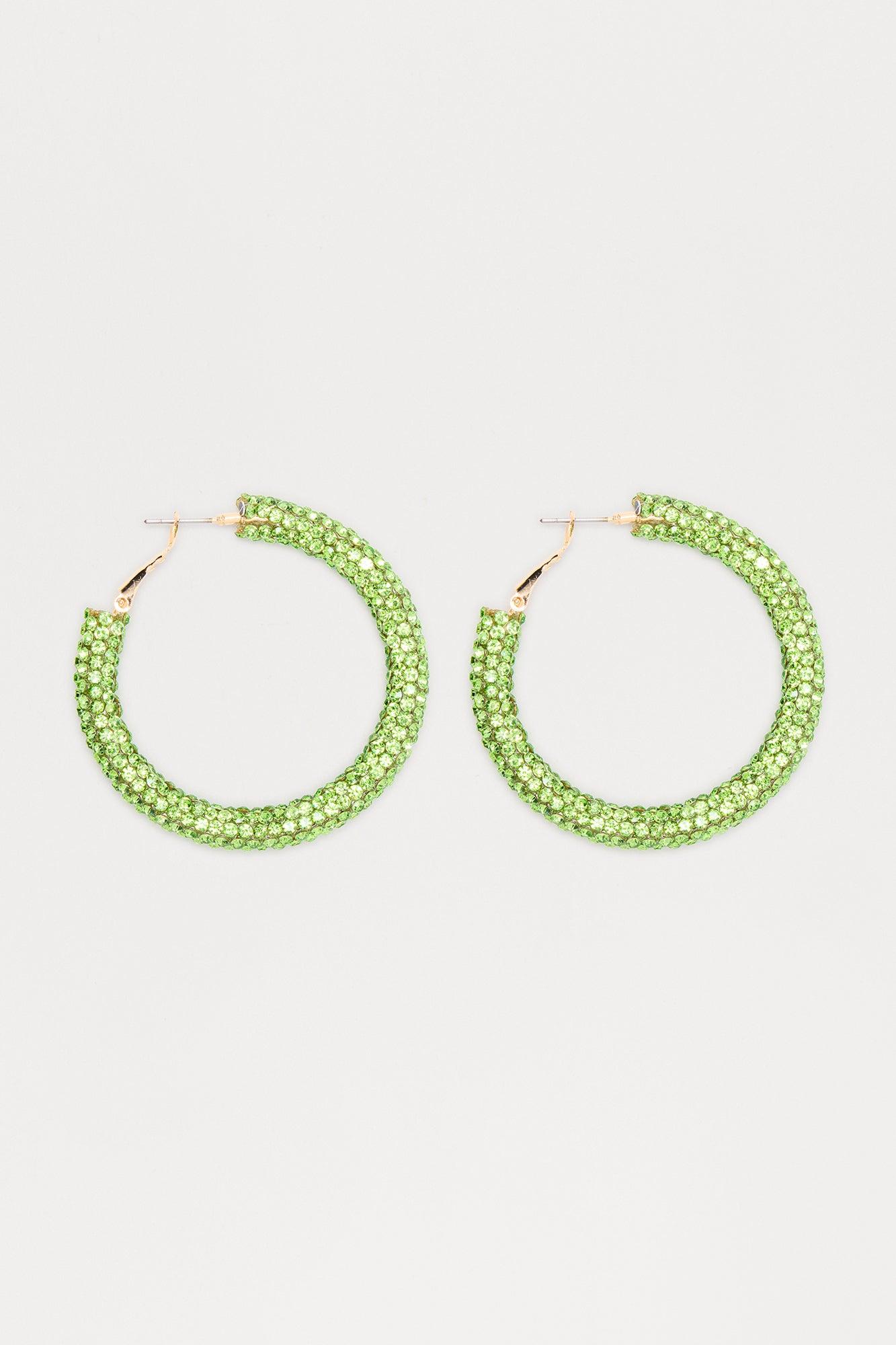 Soft Touch Rhinestone Hoop Earrings  - Green Female Product Image