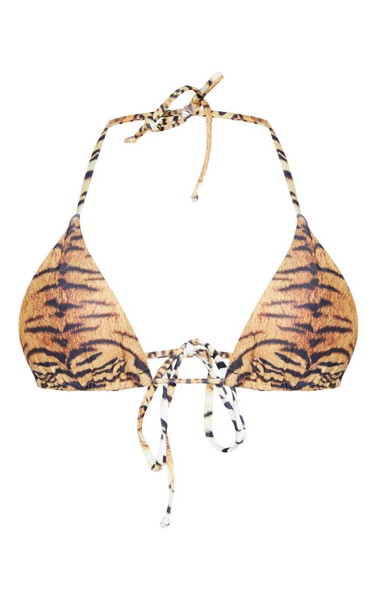 Brown Tiger Adjustable String Tie Padded Triangle Bikini Top Product Image