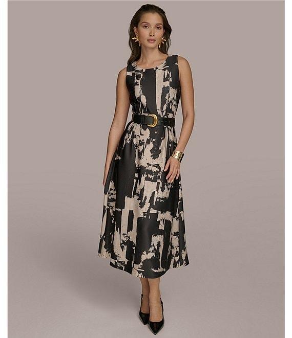 Donna Karan Abstract Print Crew Neck Sleeveless Belted Scuba A-Line Midi Dress Product Image
