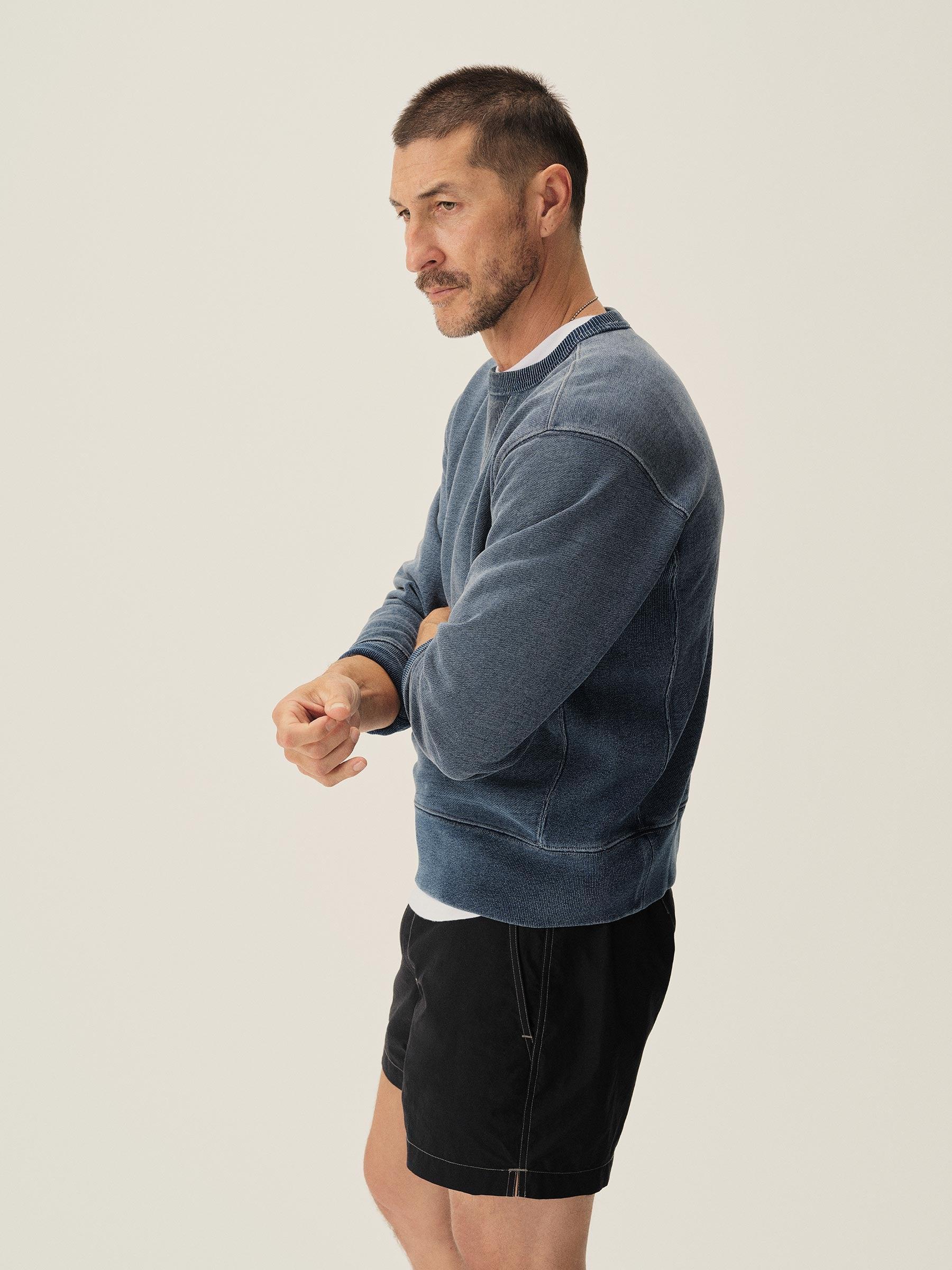 L036 Indigo-Dipped Loopback Double V Crew Sweatshirt Product Image