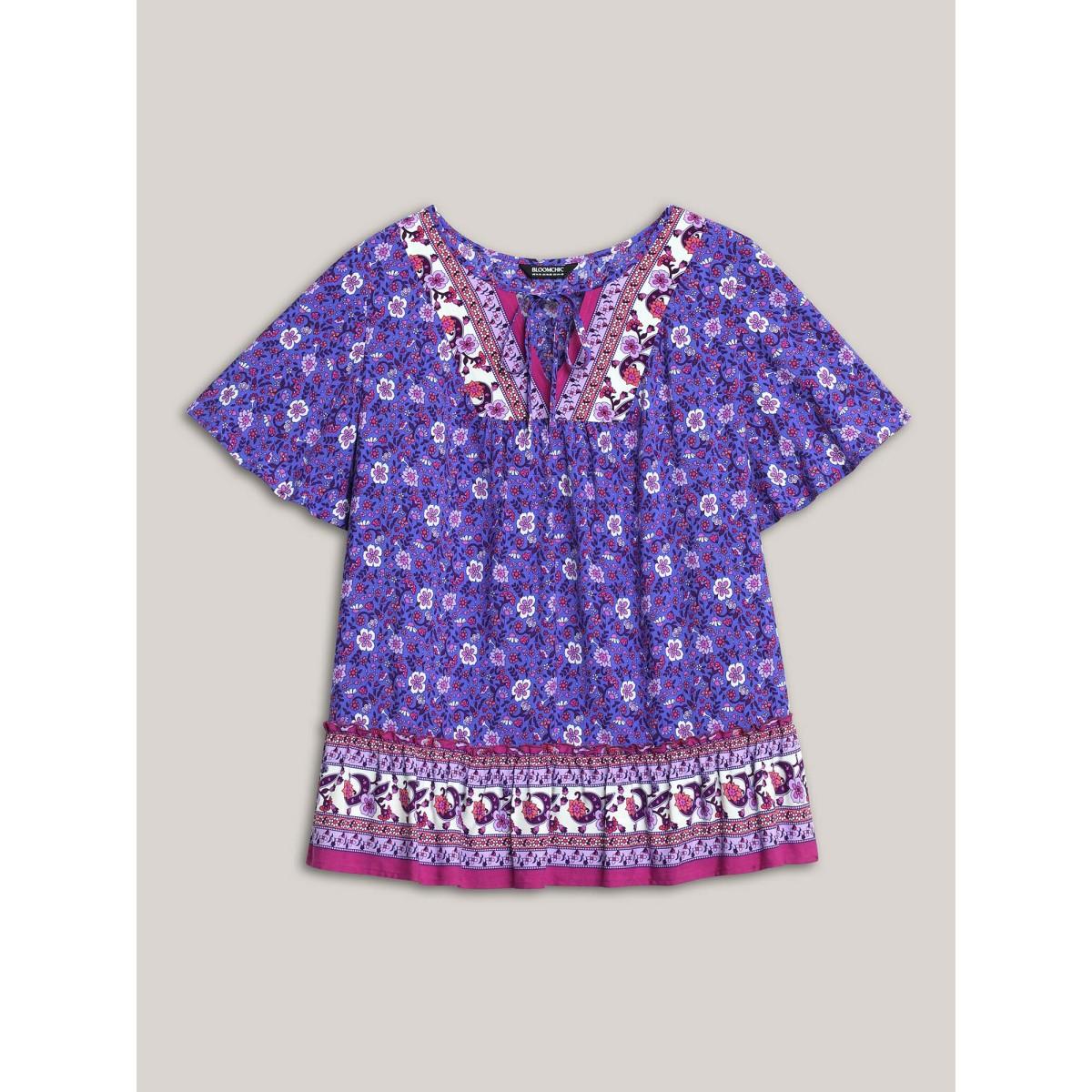 Plus Size BlueViolet Boho Floral Print Neck Tie Blouse Women Boho Short sleeve Notched collar Vacation Blouses BloomChic 14-16/1X Product Image