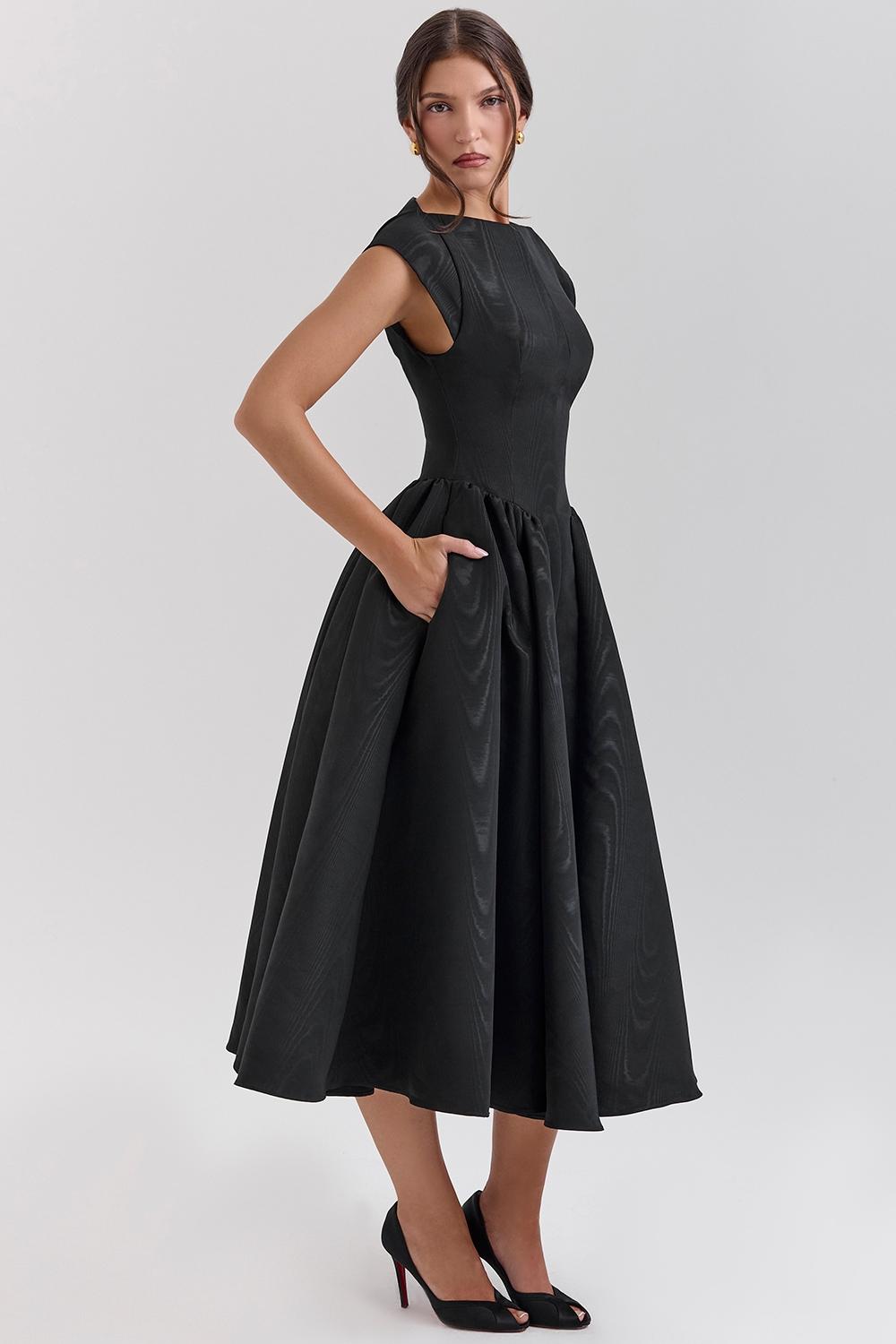 Debutante  black moire satin backless midi dress Product Image
