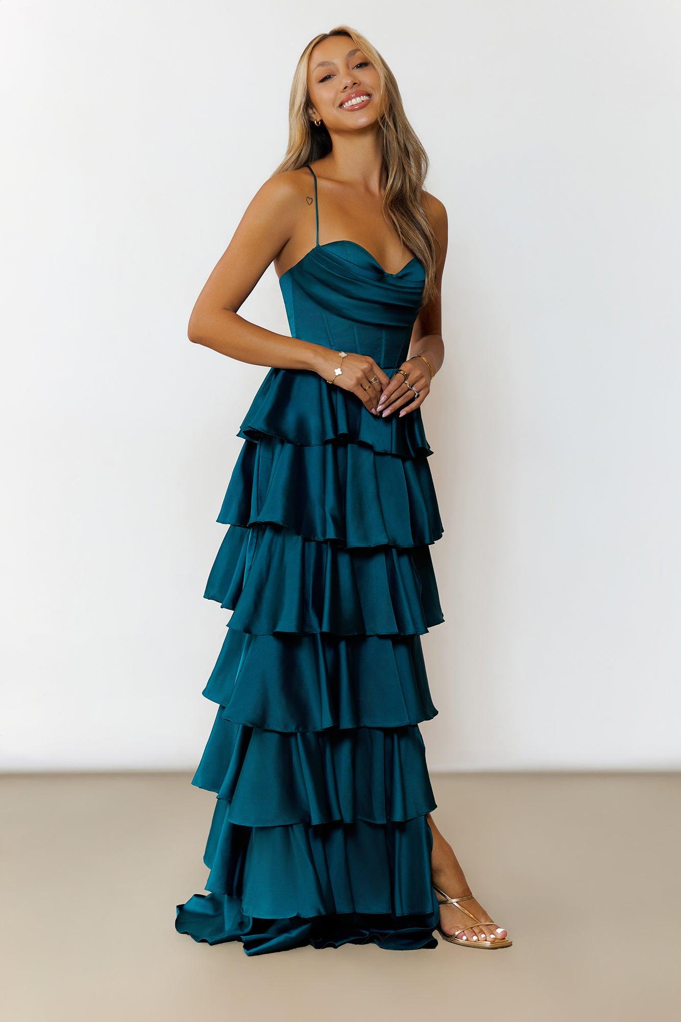 Lights Camera Party Satin Maxi Dress Emerald Product Image