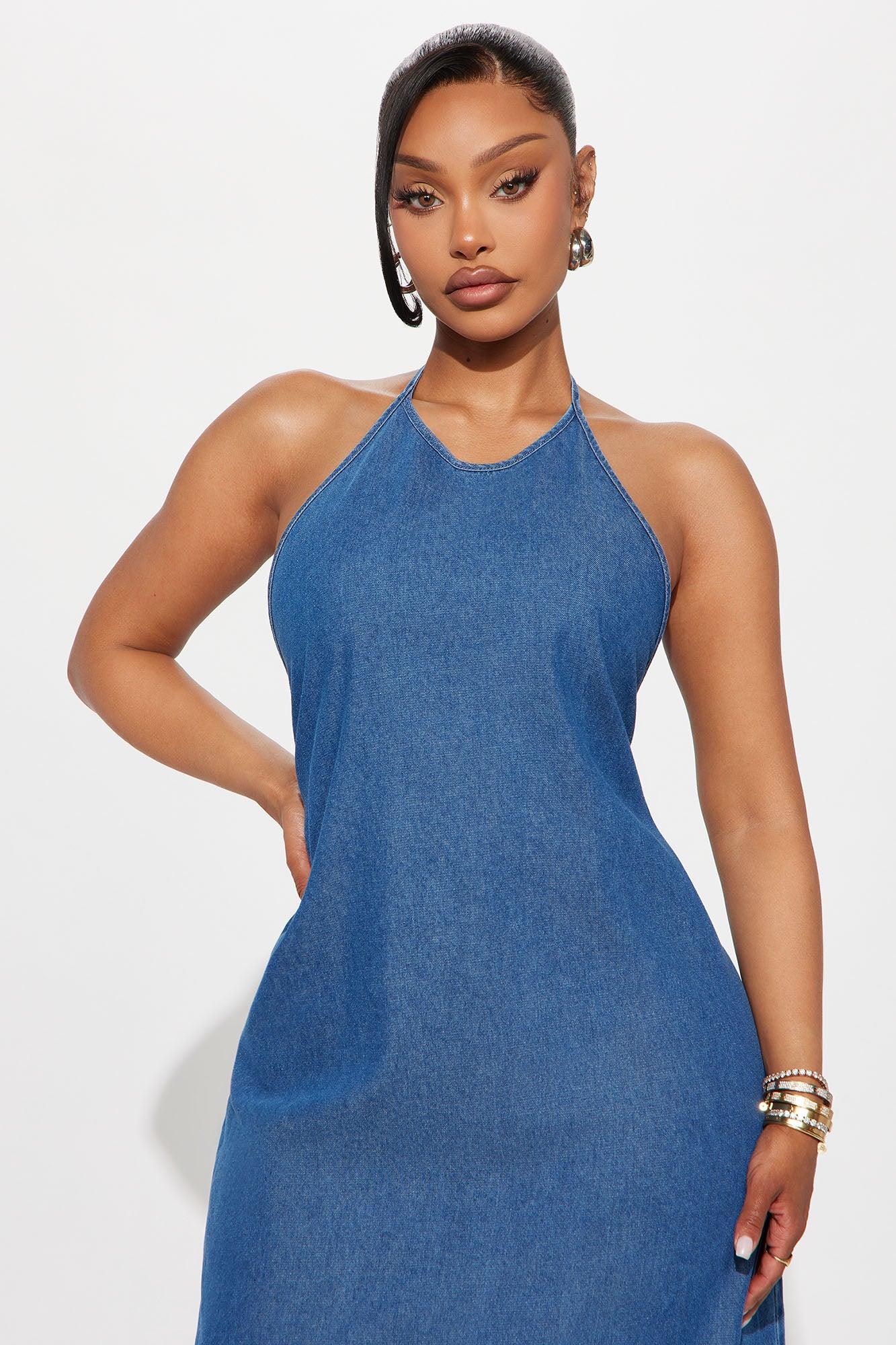 Gemma Backless Denim Halter Maxi Dress - Denim Female Product Image
