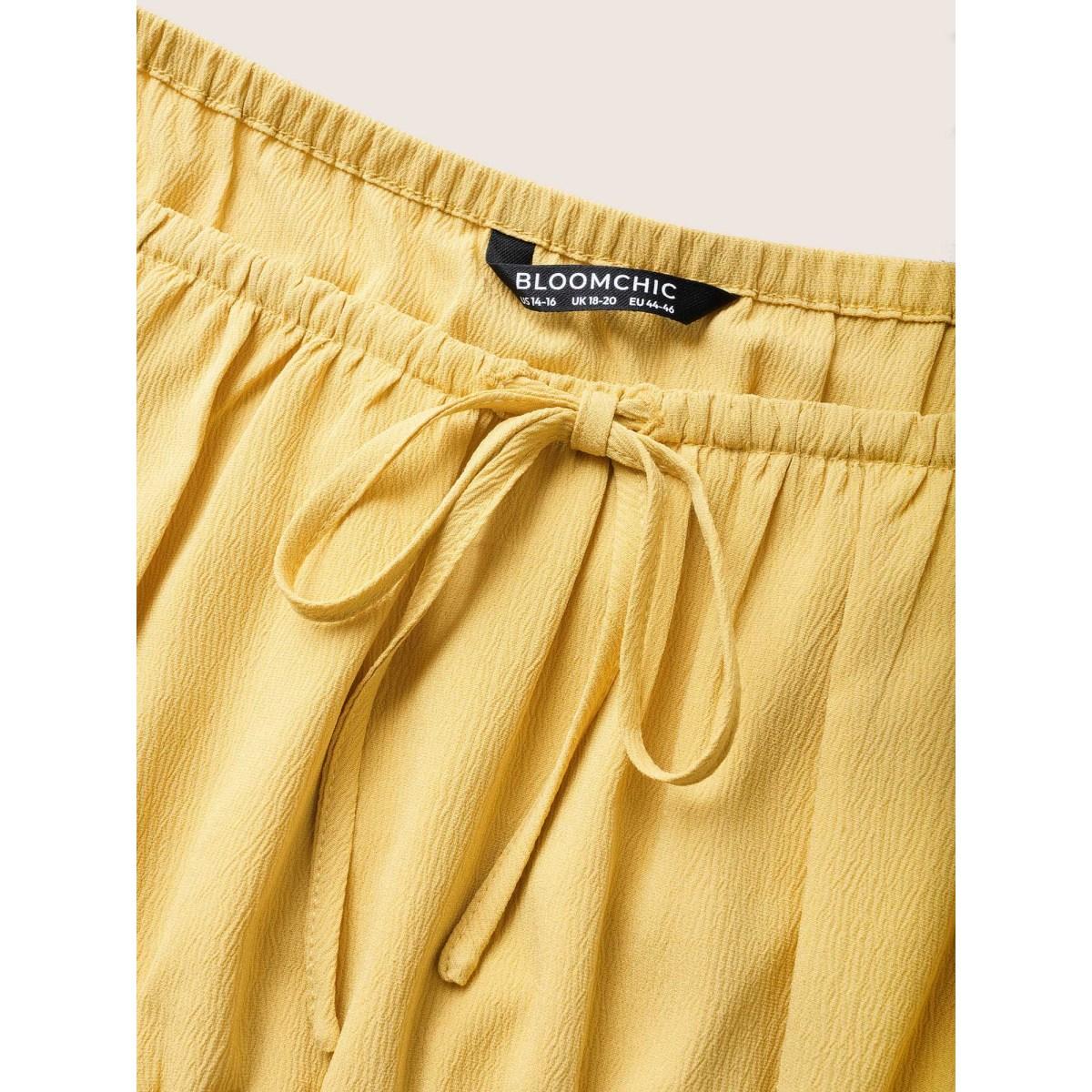 Plus Size Plain Lantern Sleeve Drawstring Square Neck Dress Yellow Women Elegant Non Square Neck Short sleeve Curvy Midi Dress BloomChic 14-16/1X Product Image