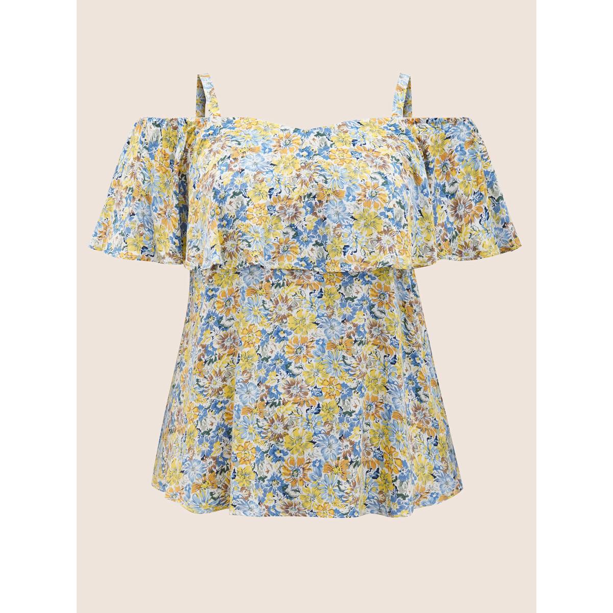 Plus Size Blue Floral One Shoulder Neck Adjustable Straps Blouse Women Resort Short sleeve One-shoulder neck Vacation Blouses BloomChic 26/4X Product Image