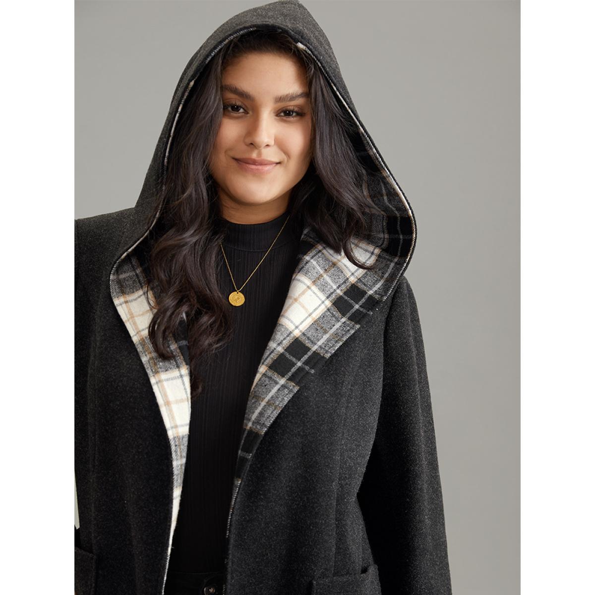 Plus Size Plaid Hooded Belted Bowknot Tunic Coat Women DimGray Casual Lined Ladies Dailywear Winter Coats BloomChic 10/M Product Image