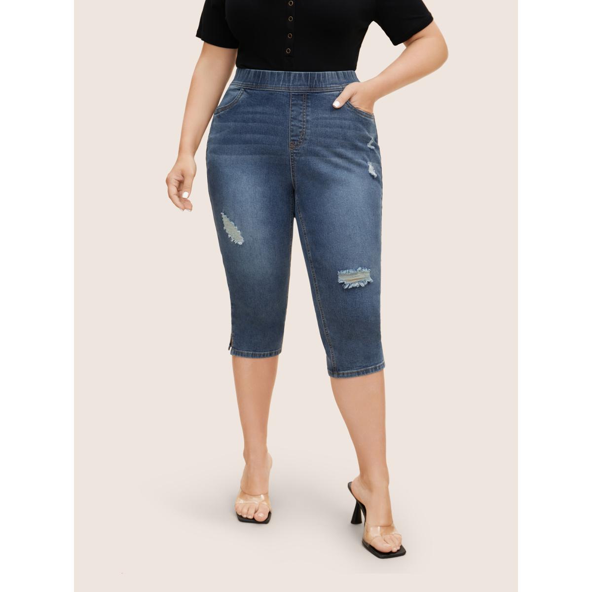 Plus Size Dark Wash Elastic Waist Distressed Slit Hem Jeans Women Denimblue Casual Distressed High stretch Slanted pocket Jeans BloomChic 18/2X Product Image