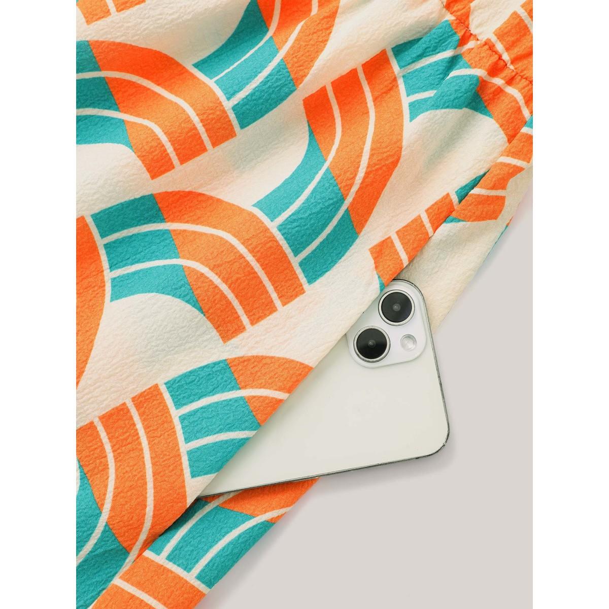 Plus Size Geometric Pattern Stretchy Waist Pockets Midi Dress Multicolor Women At the Office Belted Notched collar Short sleeve Curvy BloomChic 22-24/3X Product Image