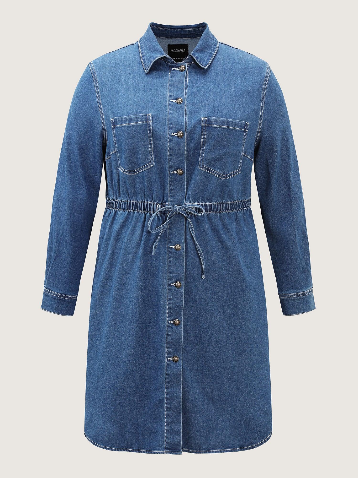 Denim Waist-Defining Shirt Dress Female Product Image