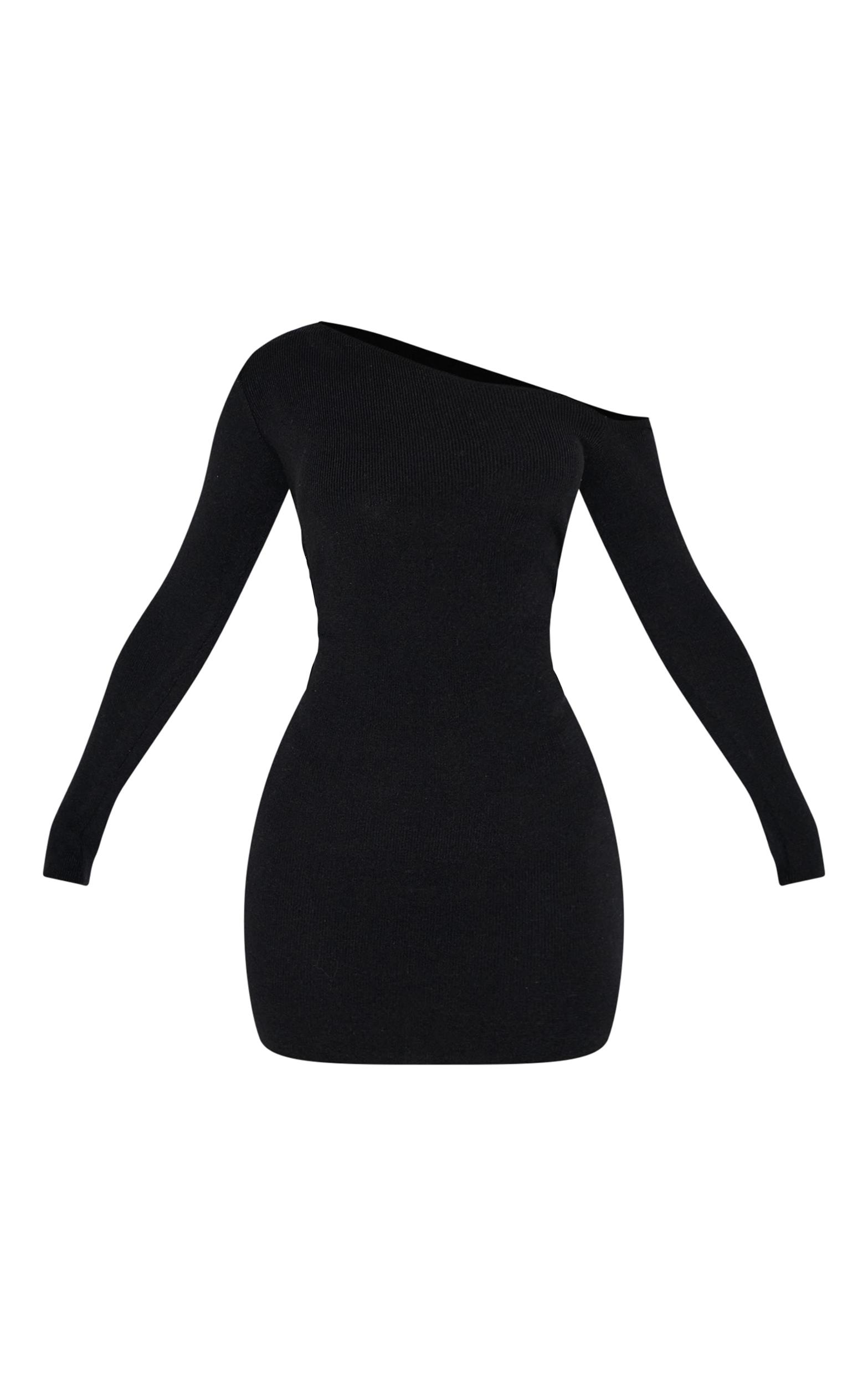 Petite Black Asymmetric Shoulder Ribbed Mini Dress Product Image