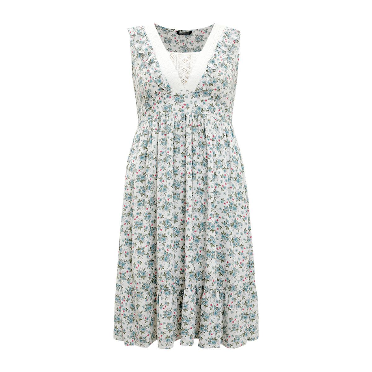 Plus Size Ditsy Floral Ruffles Pocket Empire Waist Crochet Lace Tank Dress WhiteSmoke Women Elegant Gathered V-neck Sleeveless Curvy Midi Dress BloomChic 14-16/1X Product Image