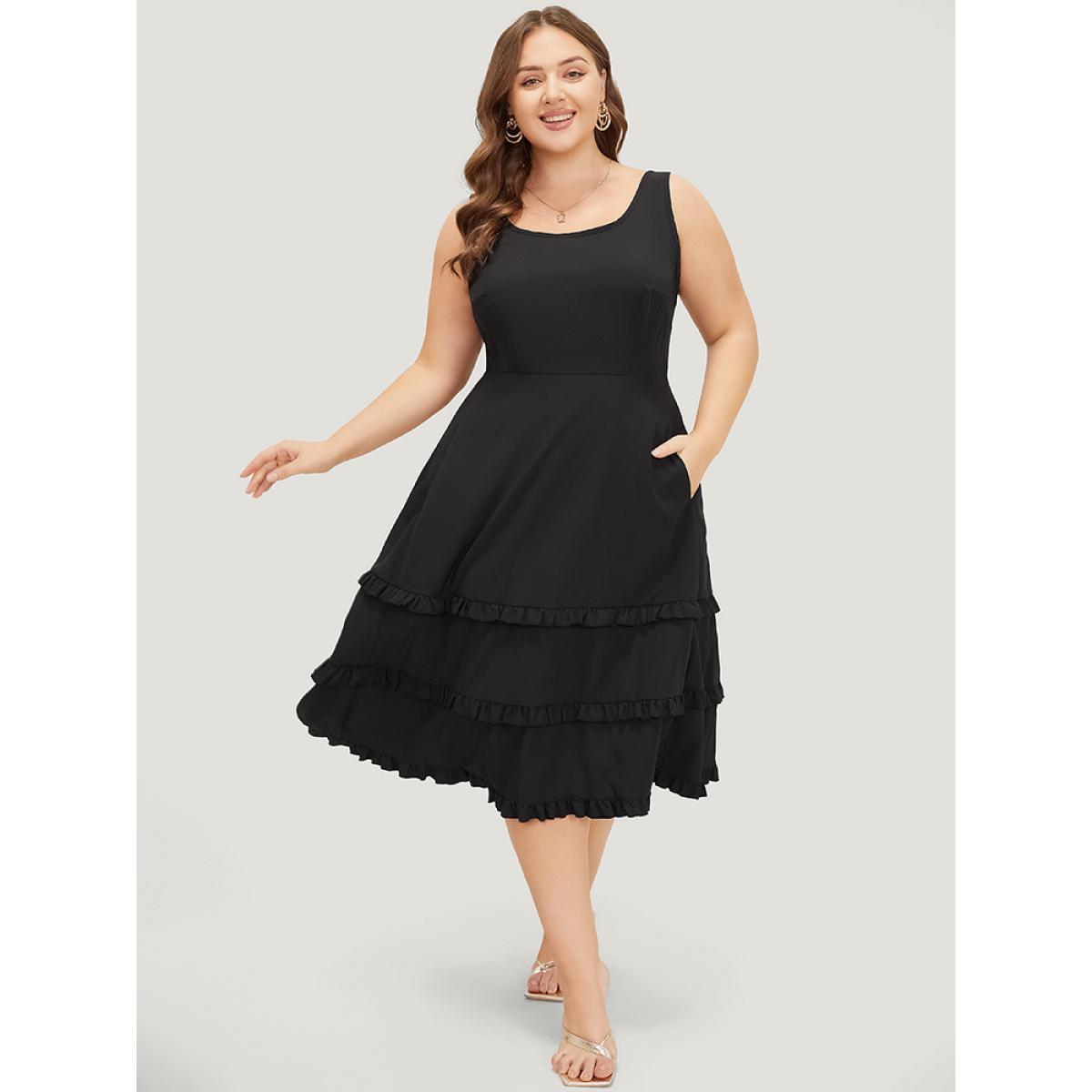 Plus Size Plain Ruffle Trim Pocket Layered Hem Tank Dress Black Women Elegant Round Neck Sleeveless Curvy Midi Dress BloomChic 26/4X Product Image