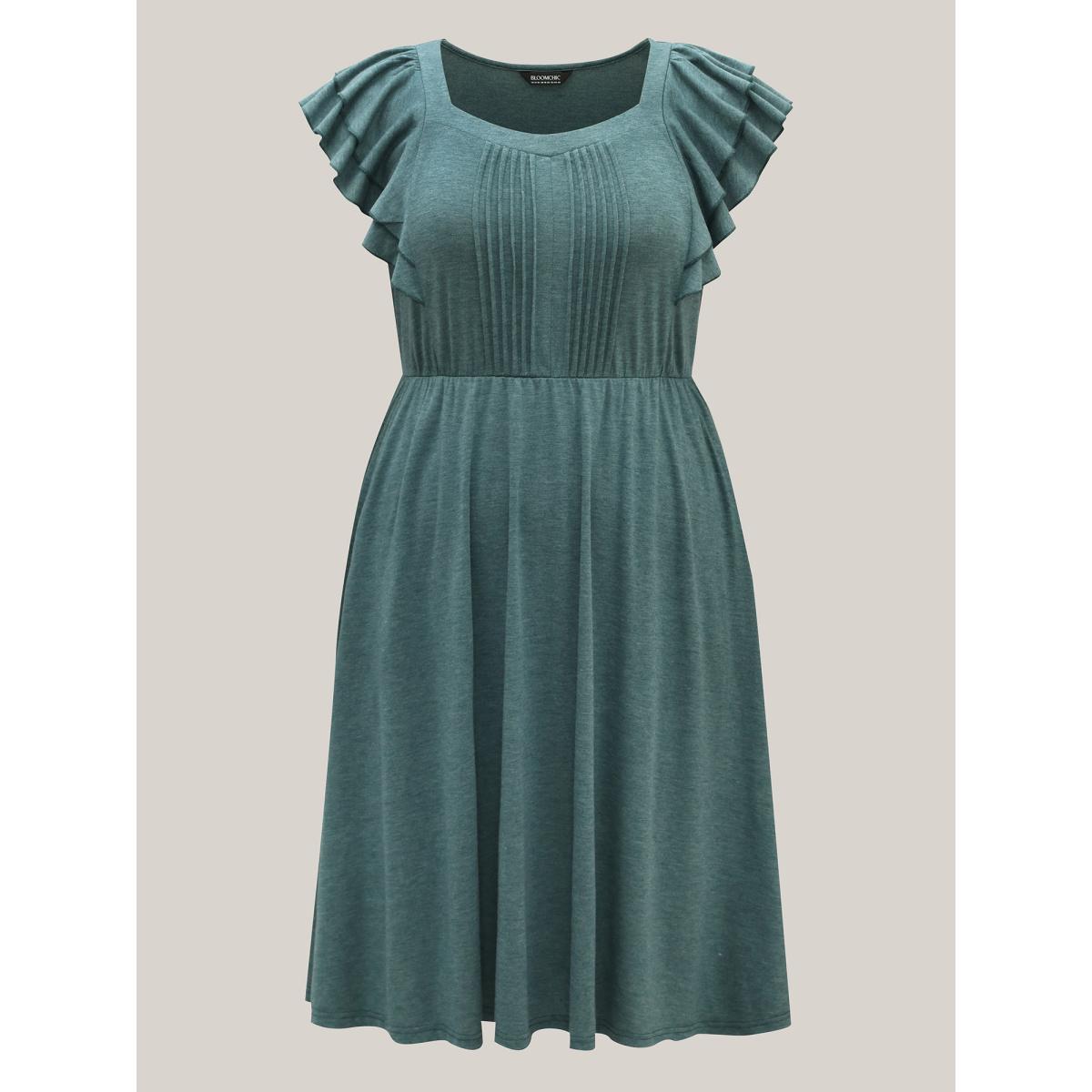 Plus Size Stretchy Flutter Sleeve Pleated Midi Dress Teal Women Knit Dresses Bloomchic 18-20/2X Product Image