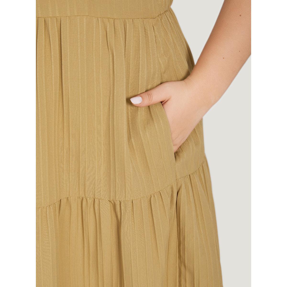 Plus Size Textured Button Detail Ruffle Layered Hem Sleeveless Dress LightBrown Women Elegant Button Stand-up collar Sleeveless Curvy Midi Dress BloomChic 14-16/1X Product Image