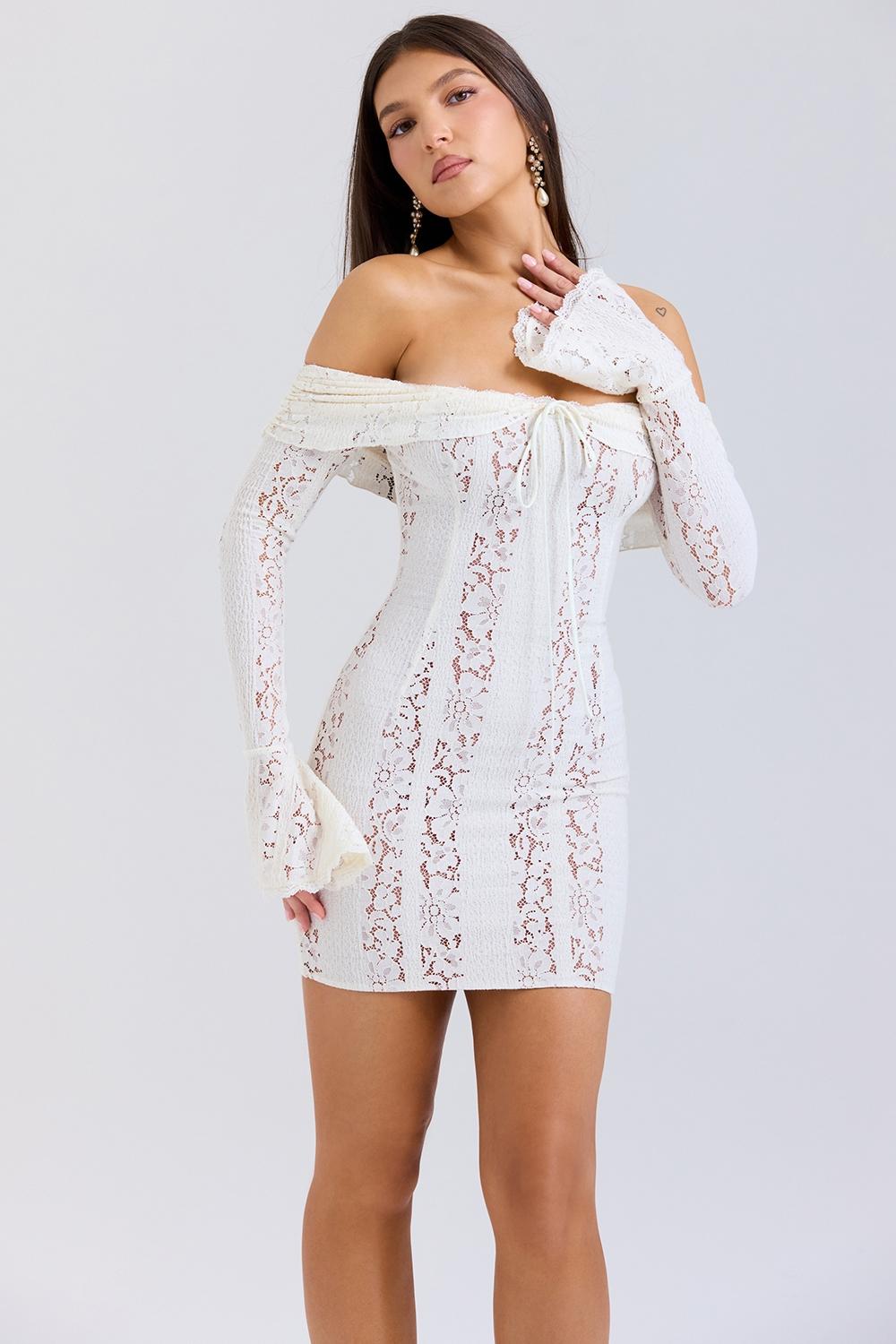 Sadie  vintage cream floral lace off shoulder mini dress Product Image