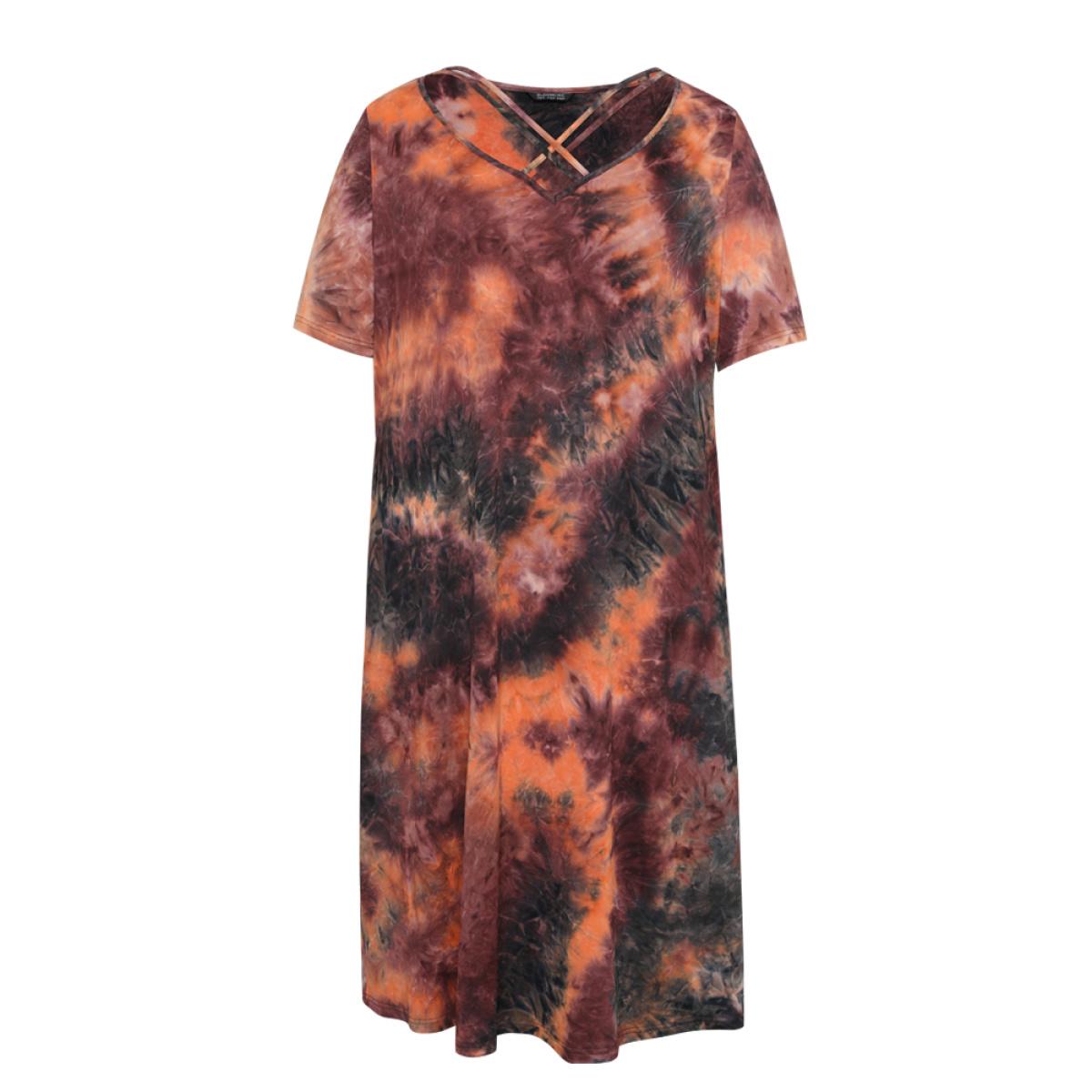 Plus Size Tie Dye Pocket Crisscross Neck Dress Multicolor Women Casual Tie Dye V-neck Short sleeve Curvy Midi Dress BloomChic 12/L Product Image
