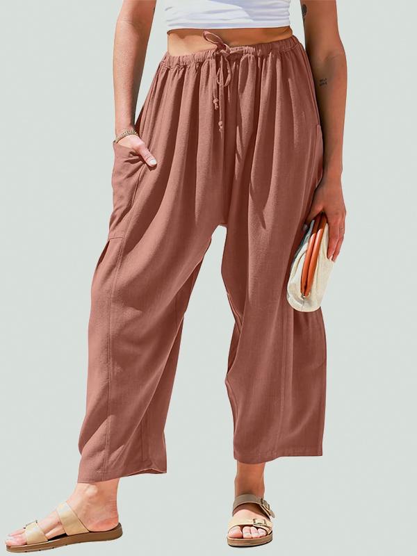 Column Loose Elasticity Pockets Solid Color Casual Pants Bottoms Trousers Product Image