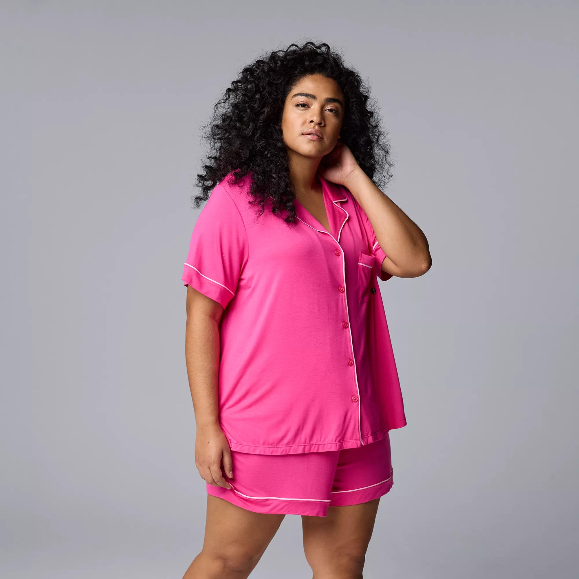 Plus Size Simply Vera Vera Wang Basic Luxury Short Sleeve Notch Pajama Top & Pajama Boxer Shorts Set, Women's, Size: 3XL, Pink Pink Product Image