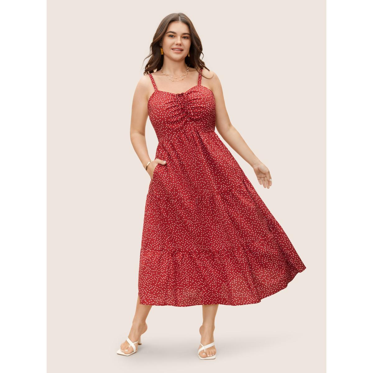 Plus Size Polka Dot Drawstring Ruffle Layered Hem Dress Brightred Women Elegant Tie knot Non Sleeveless Curvy BloomChic 18-20/2X Product Image