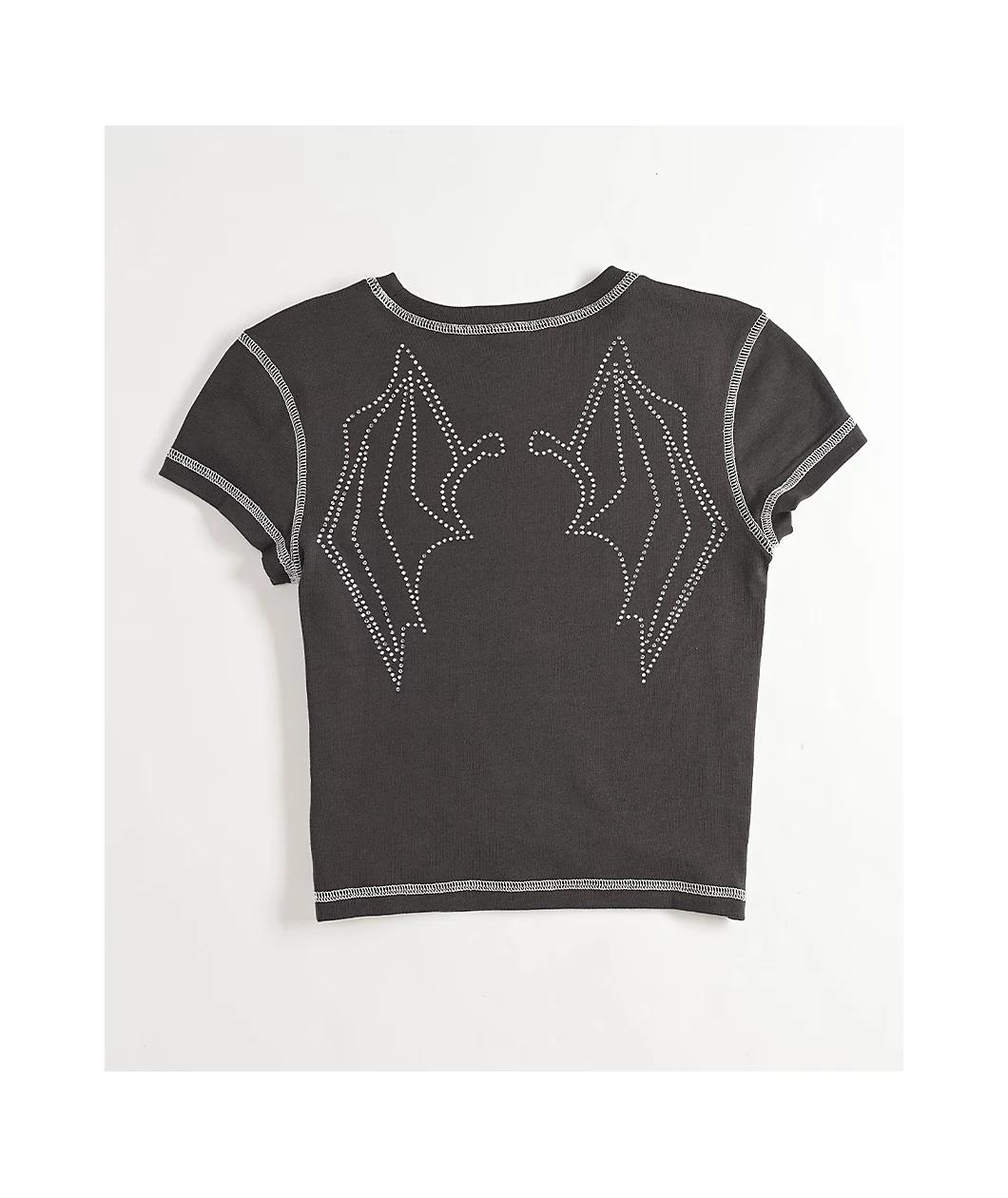 SWIXXZ Rhinestone Wings Grey Crop T-Shirt Product Image