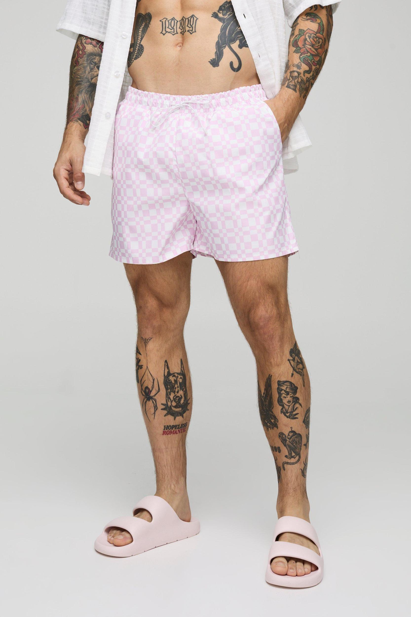 Abstract Plaid Print Short Length Swim Trunks | boohooMAN USA Product Image