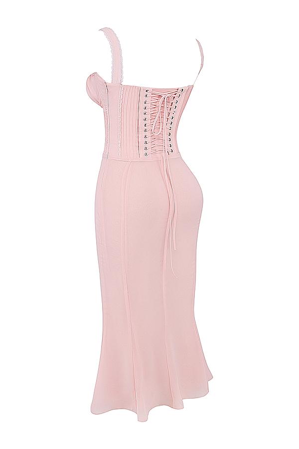 Syrah  soft peach lace back midi dress Product Image