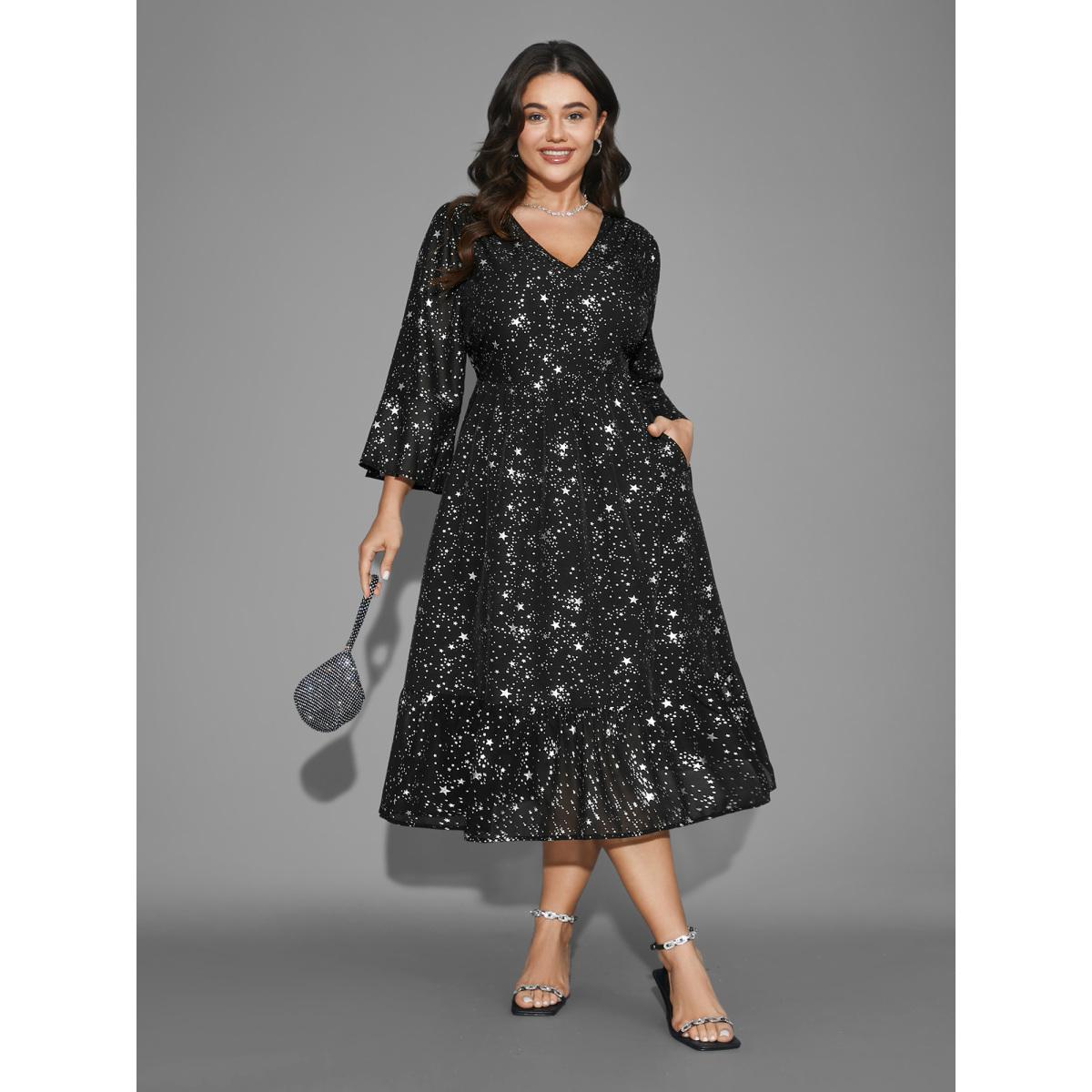 Plus Size Glitter Star Flutter Sleeve Chiffon Dress Black Women Cocktail Gathered Knit Dresses Bloomchic 28/5X Product Image