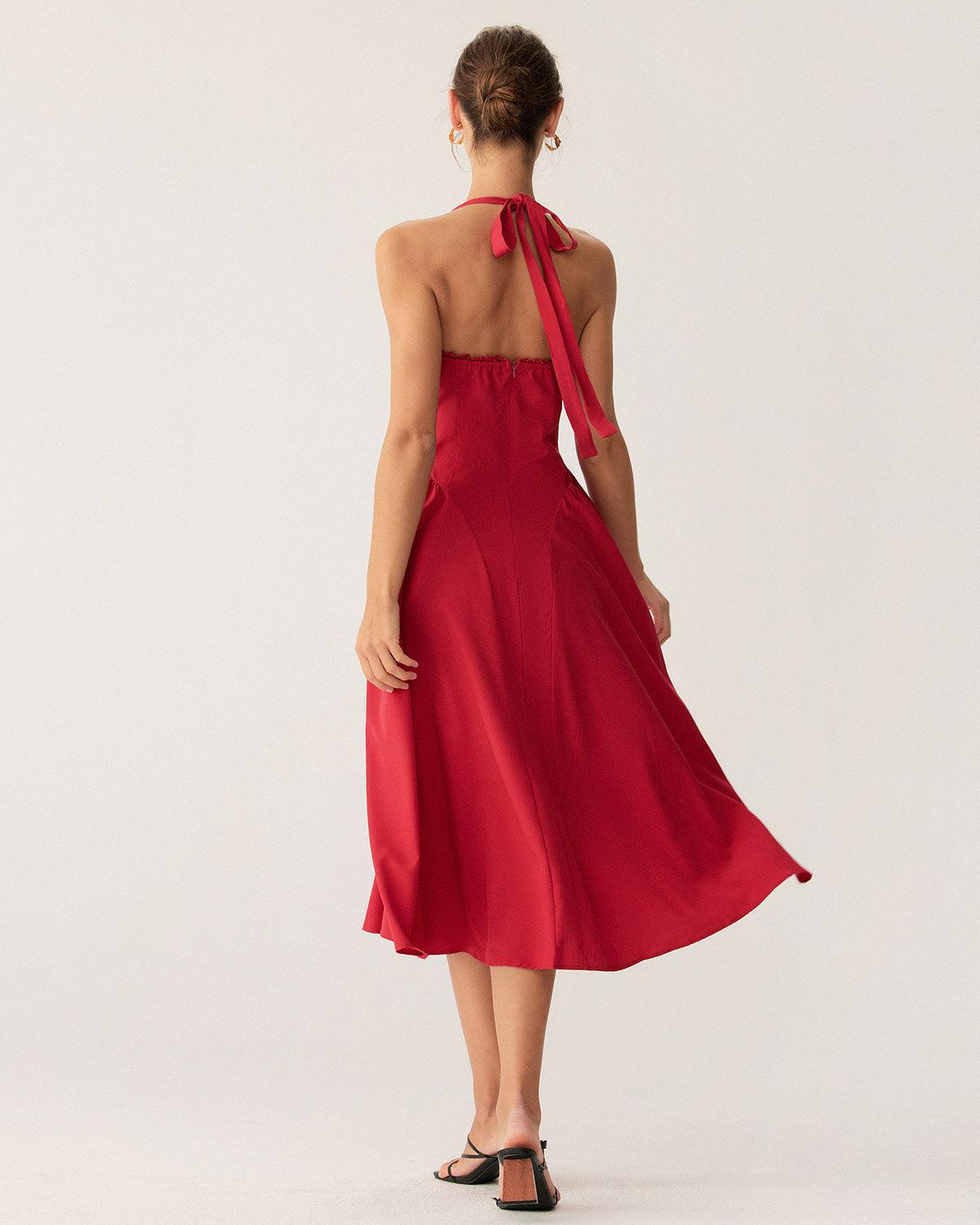 Red Ruched Halter Midi Dress Product Image