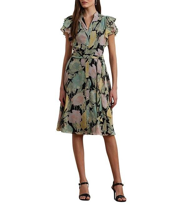 Lauren Ralph Lauren Georgette Floral Print V Neck Short Sleeve Belted Shirt Knee Length Dress Product Image