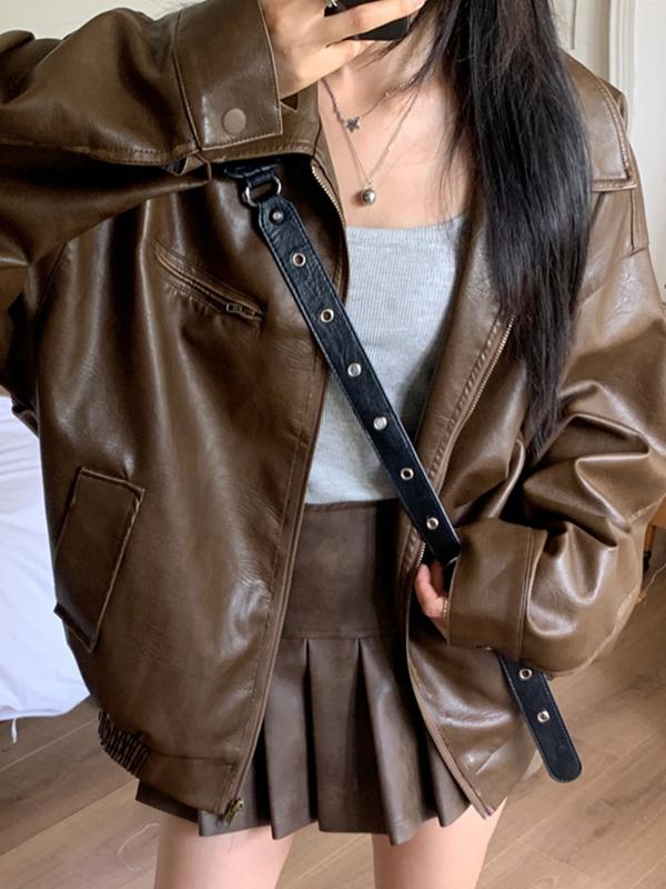 Vintage Brown Lapel Neck Zip Up Leather Jacket Product Image