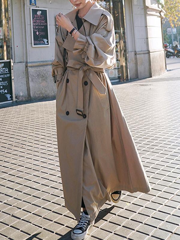 Long Sleeves Loose Buckle Buttoned Split-Back Tied Waist Lapel Outerwear Trench Coats Product Image