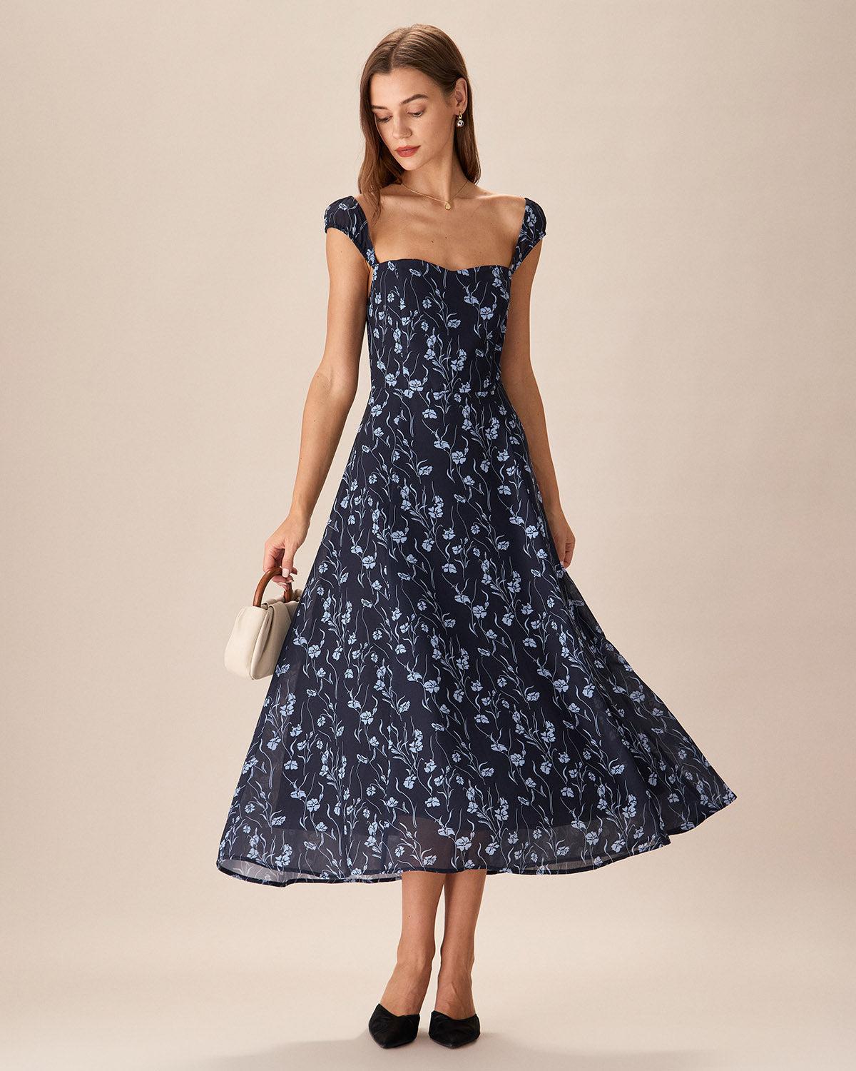 Navy Floral Sweetheart Neck Midi Dress Product Image