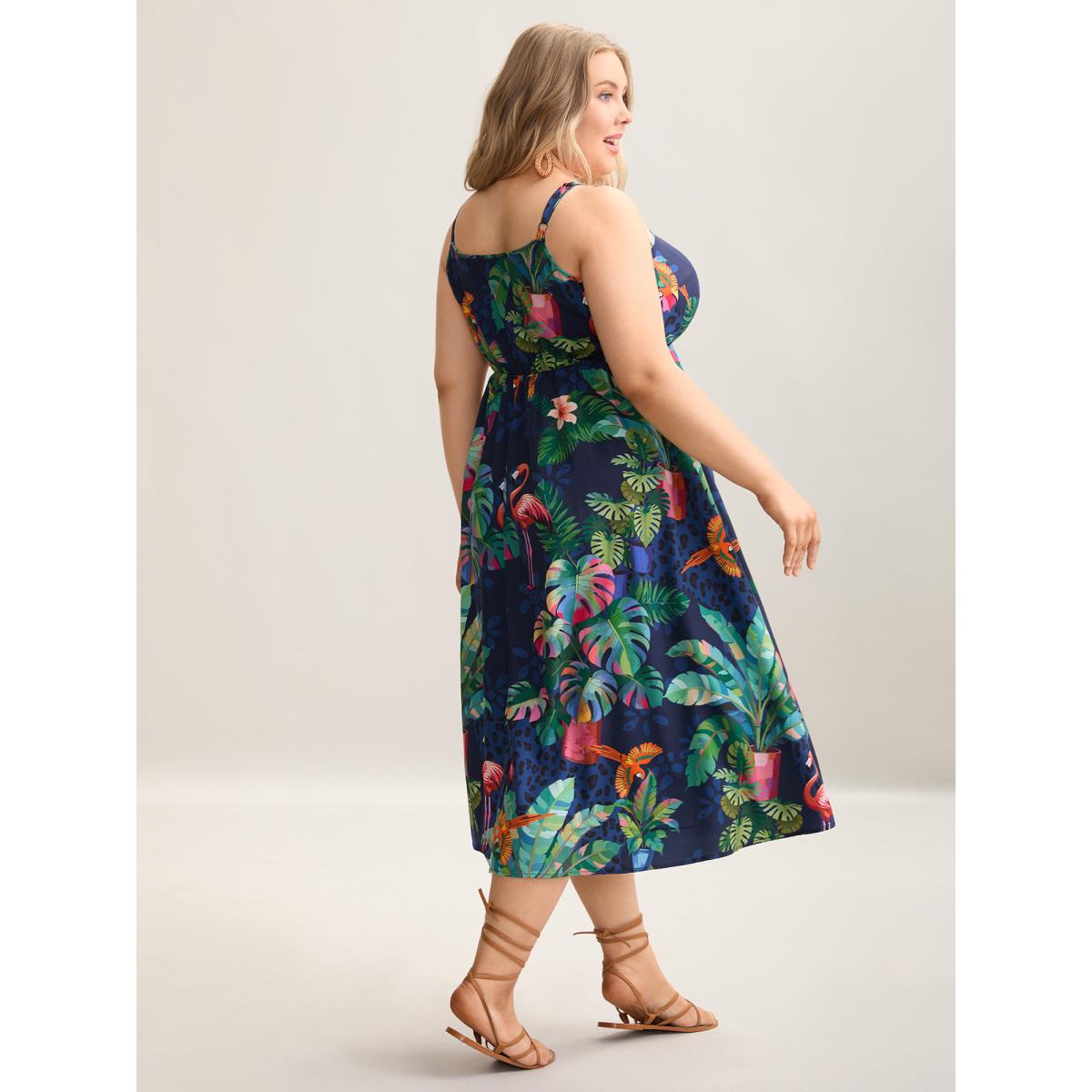 Plus Size Tropical Pattern Surplice Pockets Midi Dress DarkBlue Women Resort Non Overlap Collar Sleeveless Curvy BloomChic 26/4X Product Image