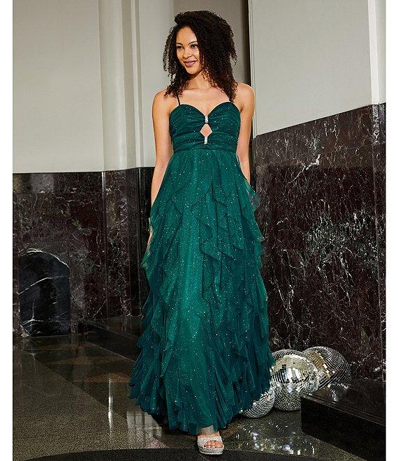 Pear Culture Glitter Mesh Sweetheart Neck Sleeveless Cut Front Bodice Dress Product Image