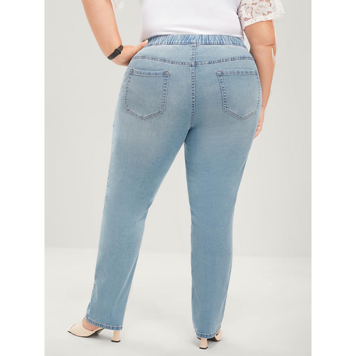 Plus Size Mom Jeans Straight Very Stretchy Mid Rise Light Wash Jeans Women Blue Casual Plain Elastic Waist High stretch Jeans BloomChic 14/1X Product Image