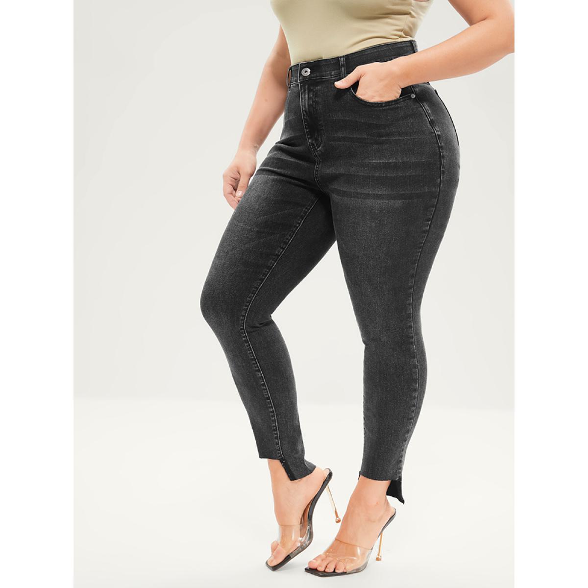 Plus Size Skinny Moderately Stretchy Mid Rise Dark Wash Gap Proof Jeans Women Black Casual Plain Gap-proof Medium stretch Pocket Jeans BloomChic 10/M Product Image