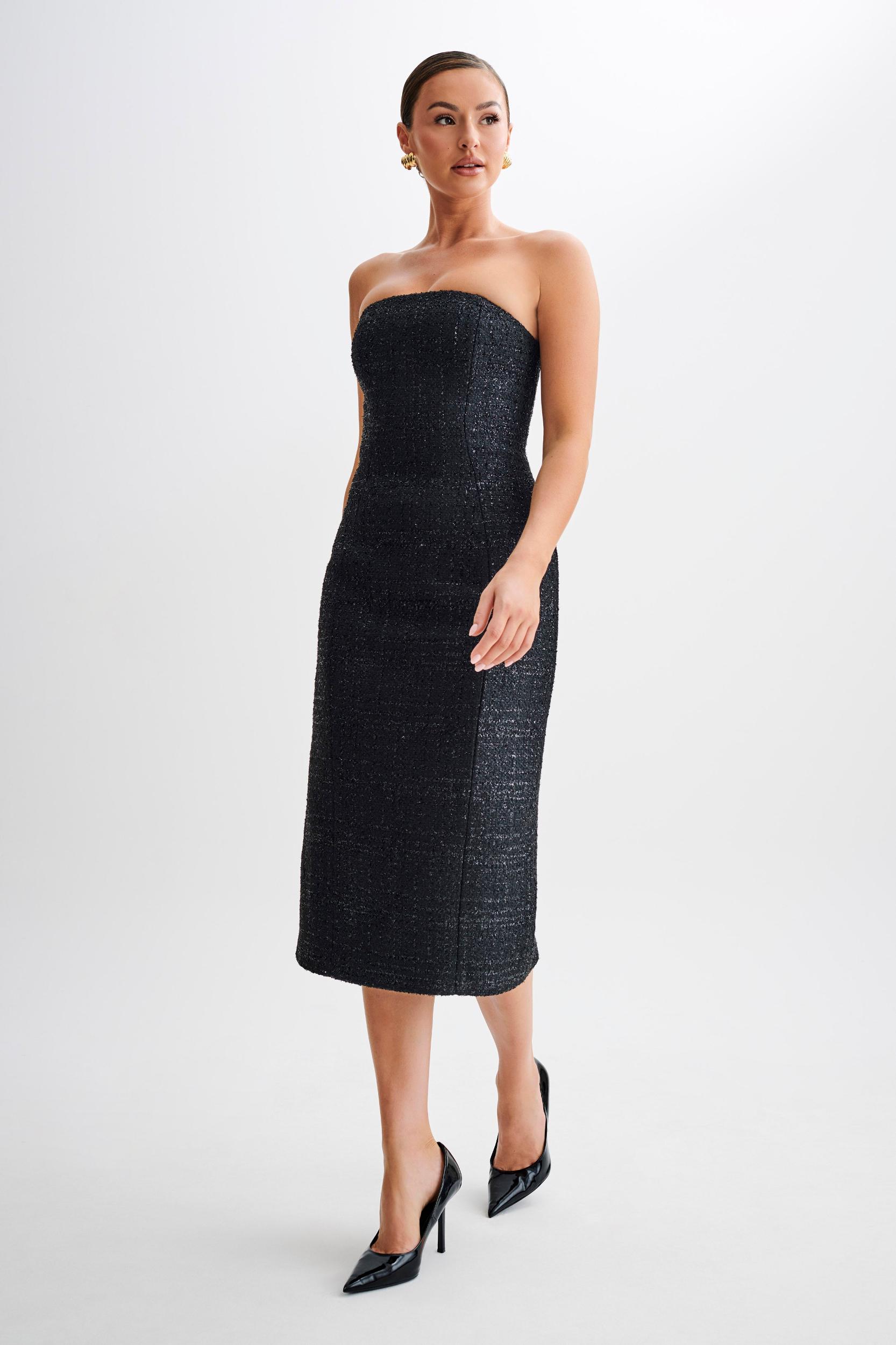 Monet Tweed Strapless Midi Dress - Black Product Image