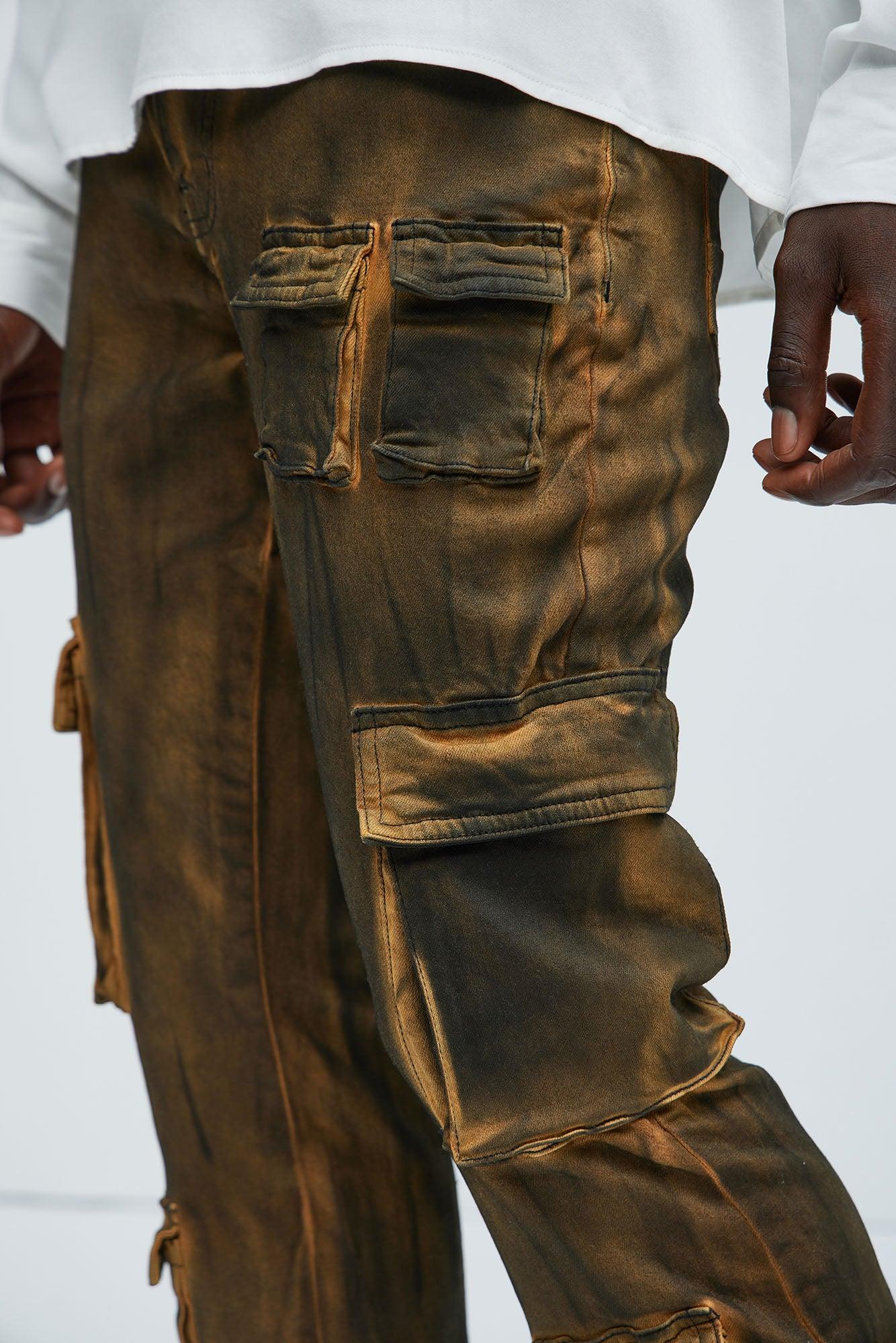 Pocket Me Cargo Stacked Skinny Zipper Flare Jeans - Brown Product Image