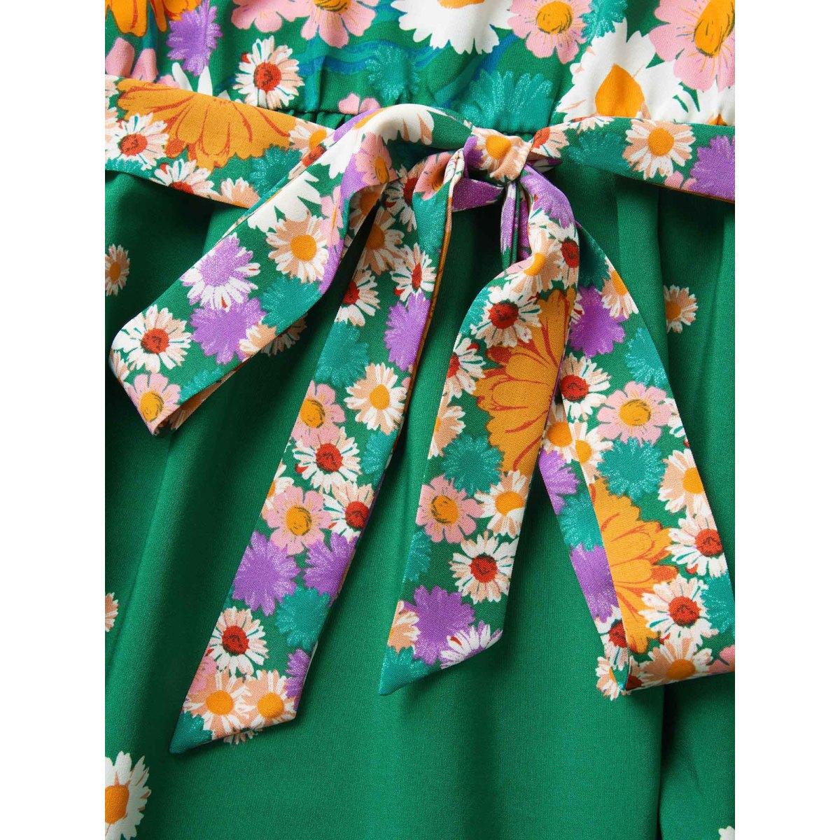 Plus Size Boho Print Frill Trim Sleeveless Midi Dress Truegreen Women Elegant Gathered Round Neck Sleeveless Curvy BloomChic 12/L Product Image