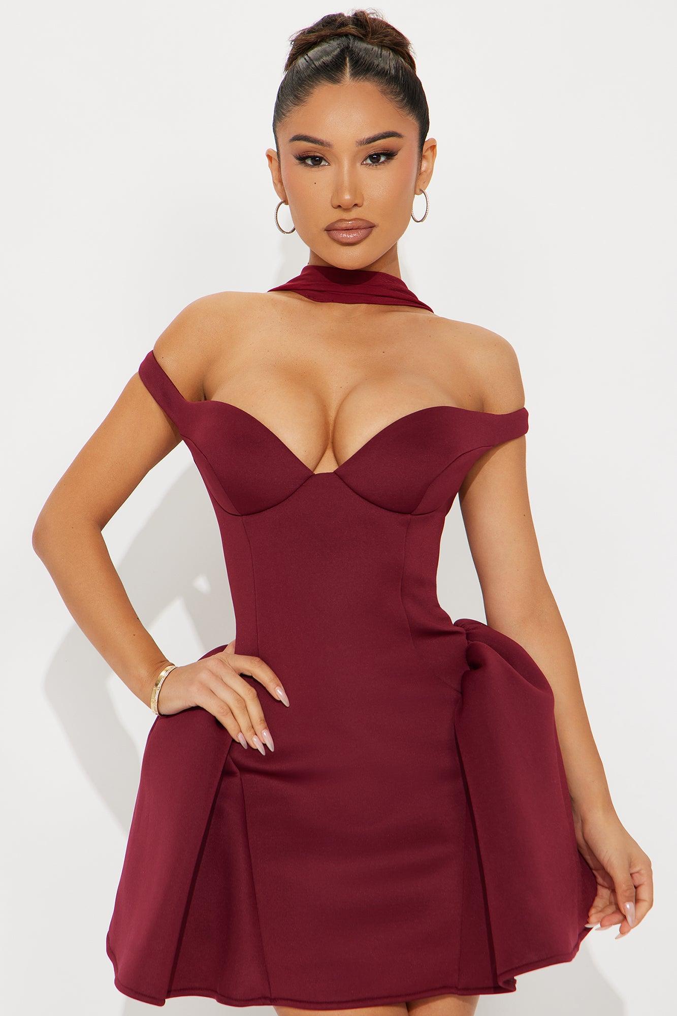 Grand Beauty Off Shoulder Mini Dress - Wine Product Image