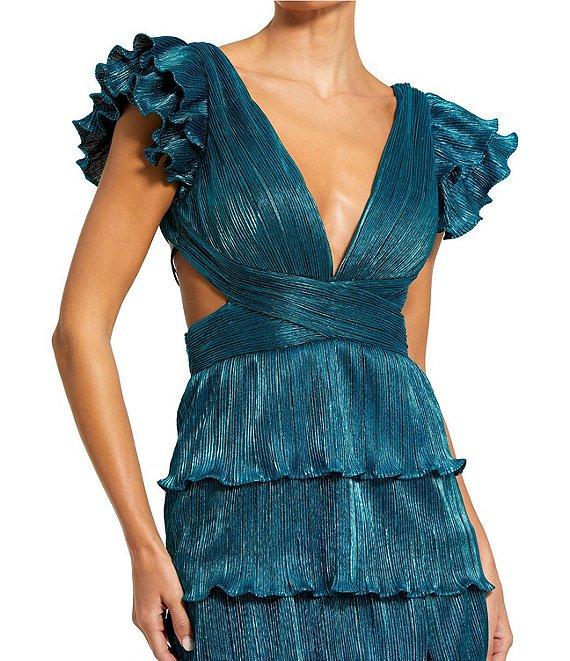 Ieena for Mac Duggal Deep V-Neck Ruffle Shoulder Cap Sleeve Side Cut-Out Tiered Thigh High Slit Gown Product Image