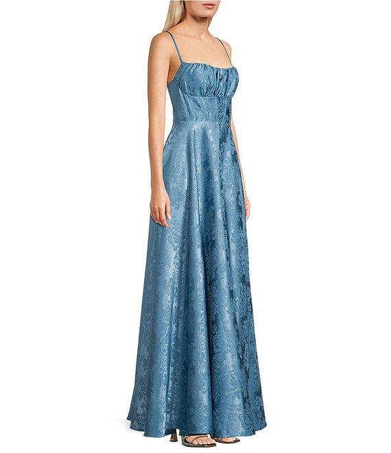 B. Darlin Floral Print Square Neck Spaghetti Strap Front Slit A-Line Dress Product Image