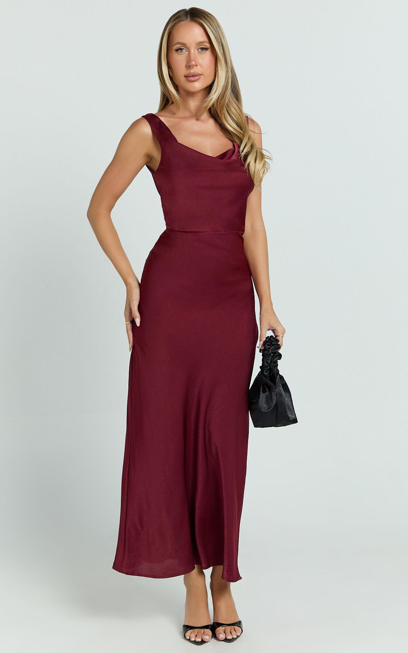 Dara Midi Dress - Low Neck Sleeveless Slip Dress in Wine Product Image
