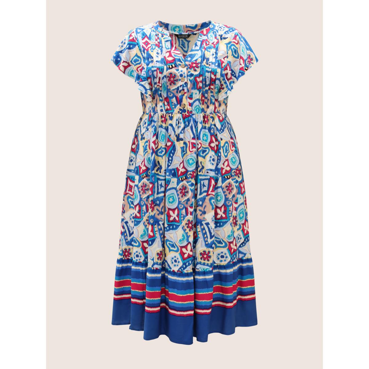 Plus Size Boho Print Pleated Ruffle Sleeve Dress Blue Women Resort Ruffles Notched collar Cap Sleeve Curvy BloomChic 10/M Product Image