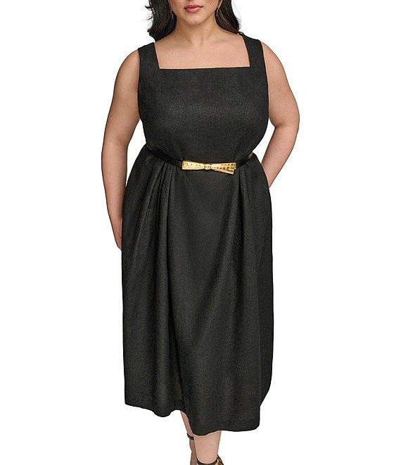 Donna Karan Plus Size Square Neck Sleeveless A-Line Belted Midi Dress Product Image