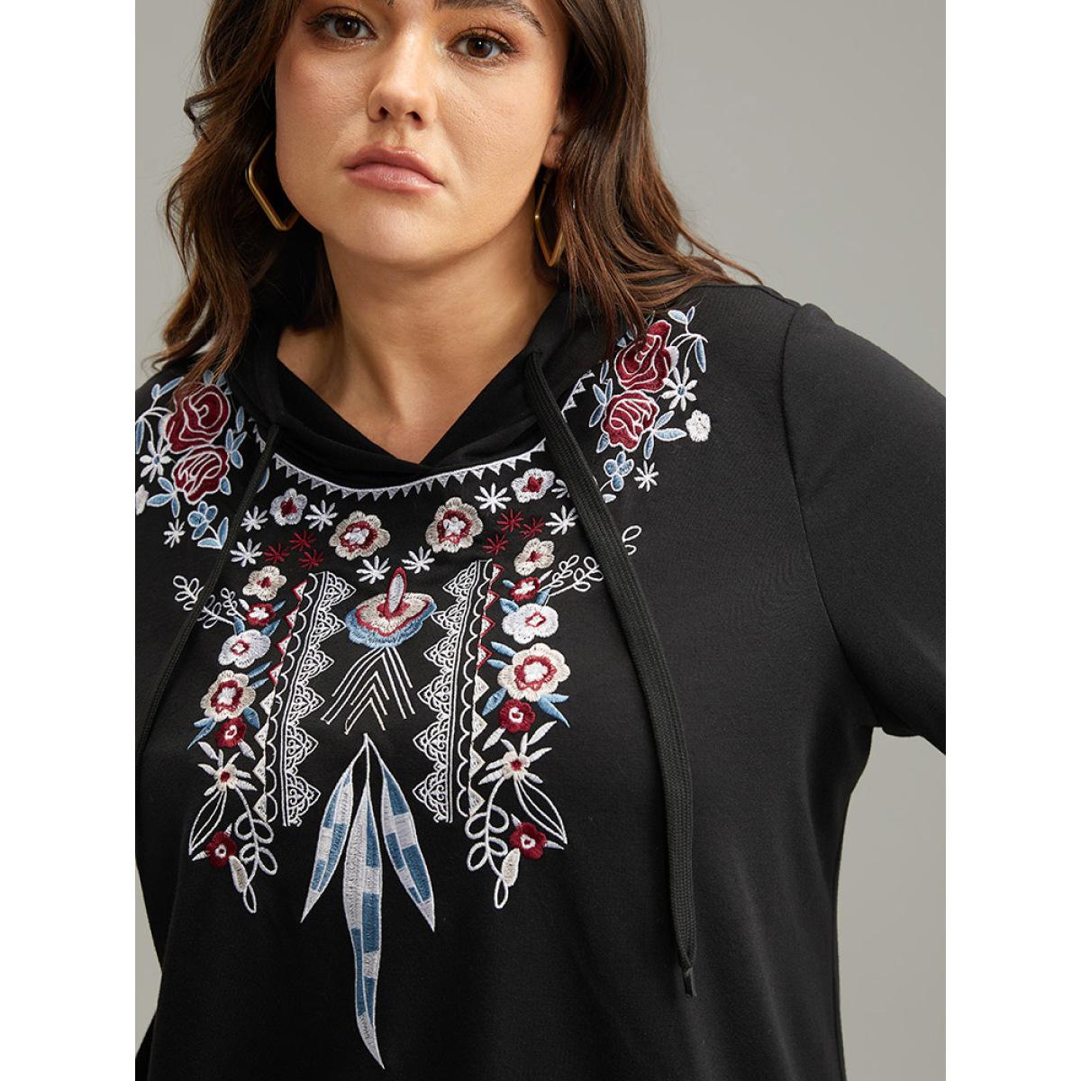 Plus Size Boho Embroidered Pocket Hooded Drawstring Sweatshirt Women Black Casual Embroidered Hooded Dailywear Sweatshirts BloomChic 14-16/1X Product Image