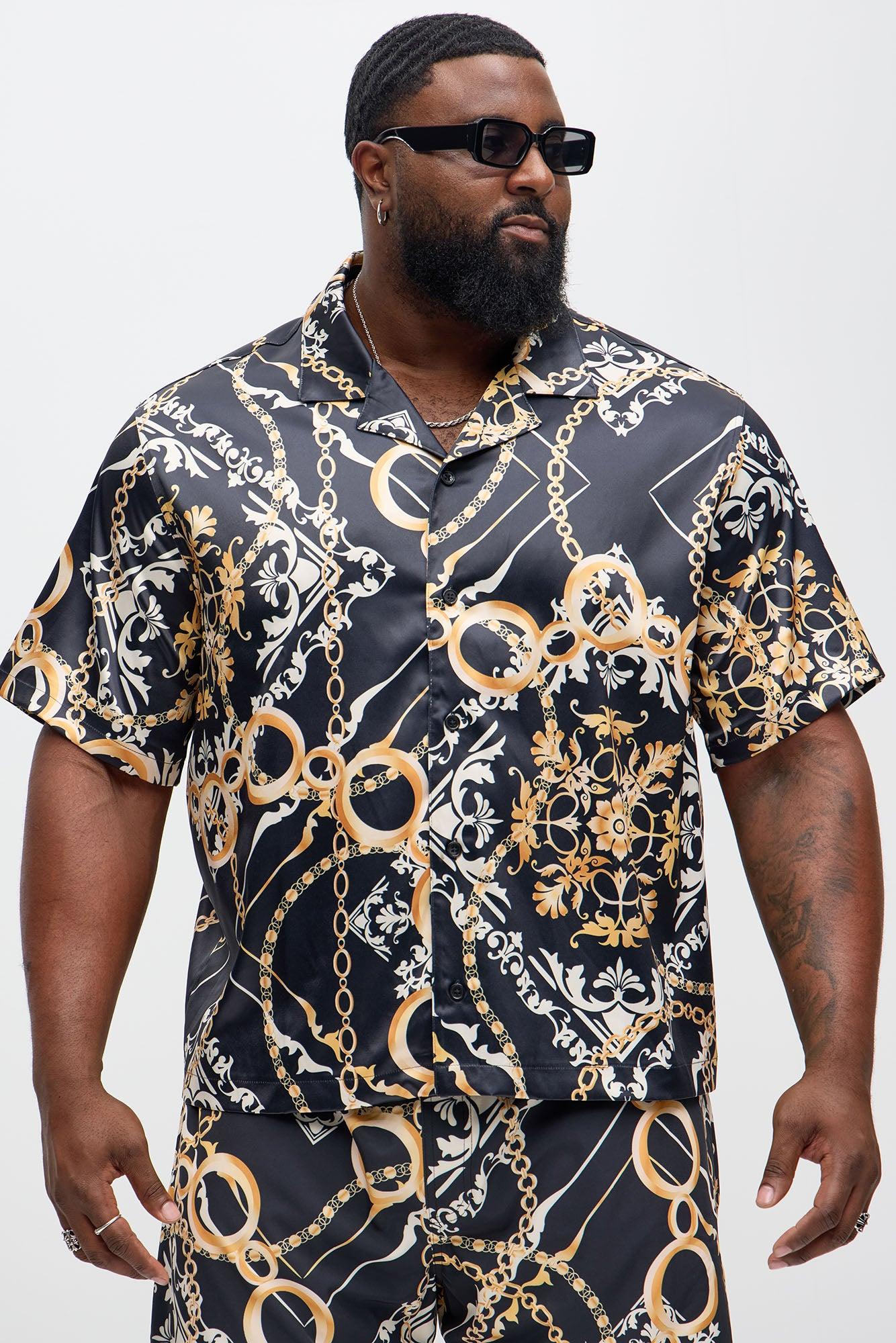 Baroque Chain Cuban Collar Button Up Shirt - Black/Gold Product Image