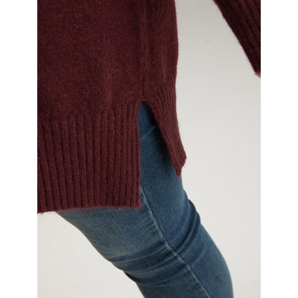 Plus Size Anti-Pilling Split Side Turtle Neck Pullover Burgundy Women Casual Loose Long Sleeve Lapel Collar Everyday Pullovers BloomChic 28/5X Product Image